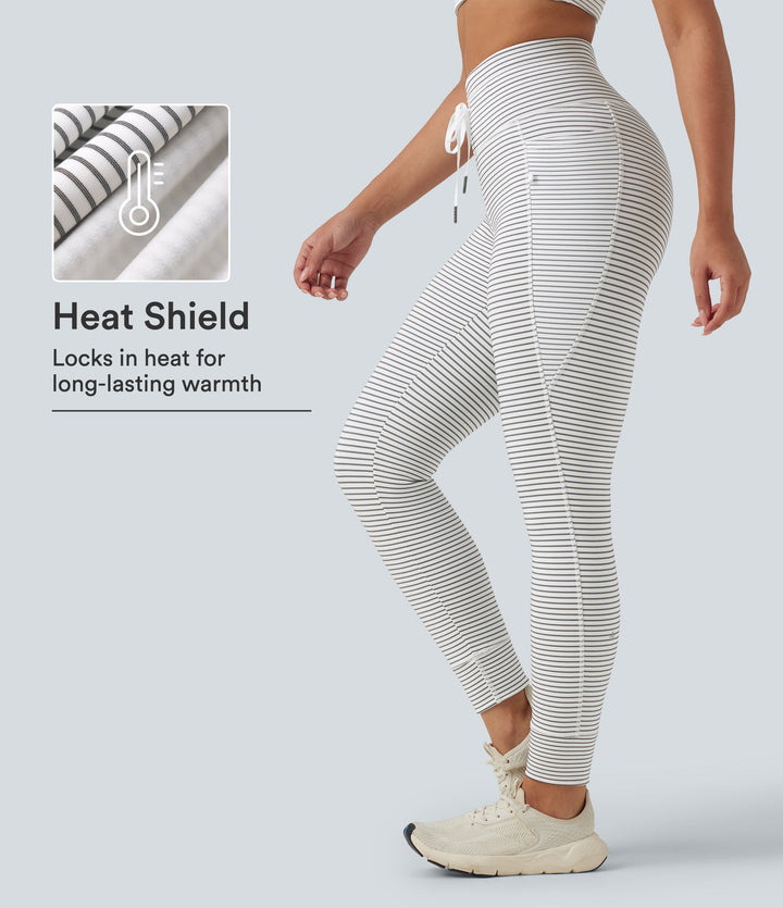 High Waisted Drawstring Stripe Fleece Yoga Leggings with Pockets — Zebra Ripple — view 1