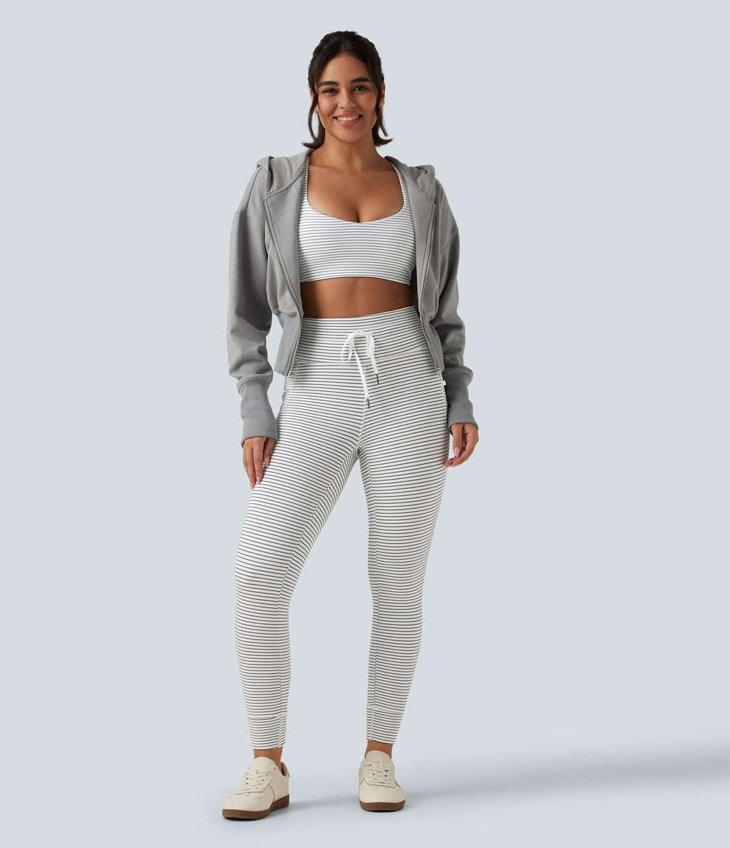 High Waisted Drawstring Stripe Fleece Yoga Leggings with Pockets — Zebra Ripple — view 4