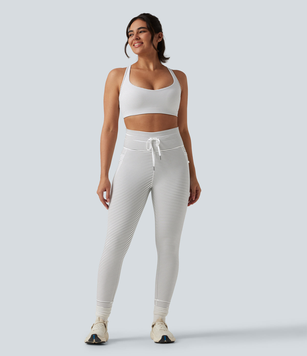 High Waisted Drawstring Stripe Fleece Yoga Leggings with Pockets — Zebra Ripple — view 8