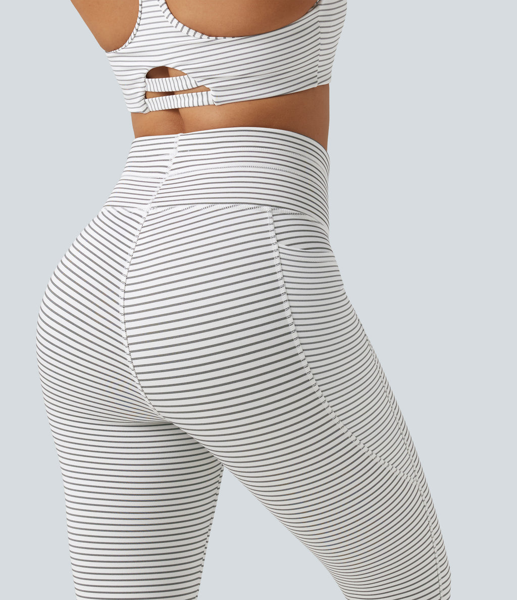 High Waisted Drawstring Stripe Fleece Yoga Leggings with Pockets — Zebra Ripple — view 6