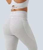 High Waisted Drawstring Stripe Fleece Yoga Leggings with Pockets — Zebra Ripple — view 6