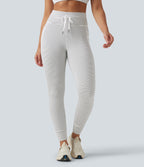 High Waisted Drawstring Stripe Fleece Yoga Leggings with Pockets — Zebra Ripple — view 3