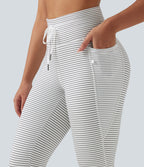 High Waisted Drawstring Stripe Fleece Yoga Leggings with Pockets — Zebra Ripple — view 5