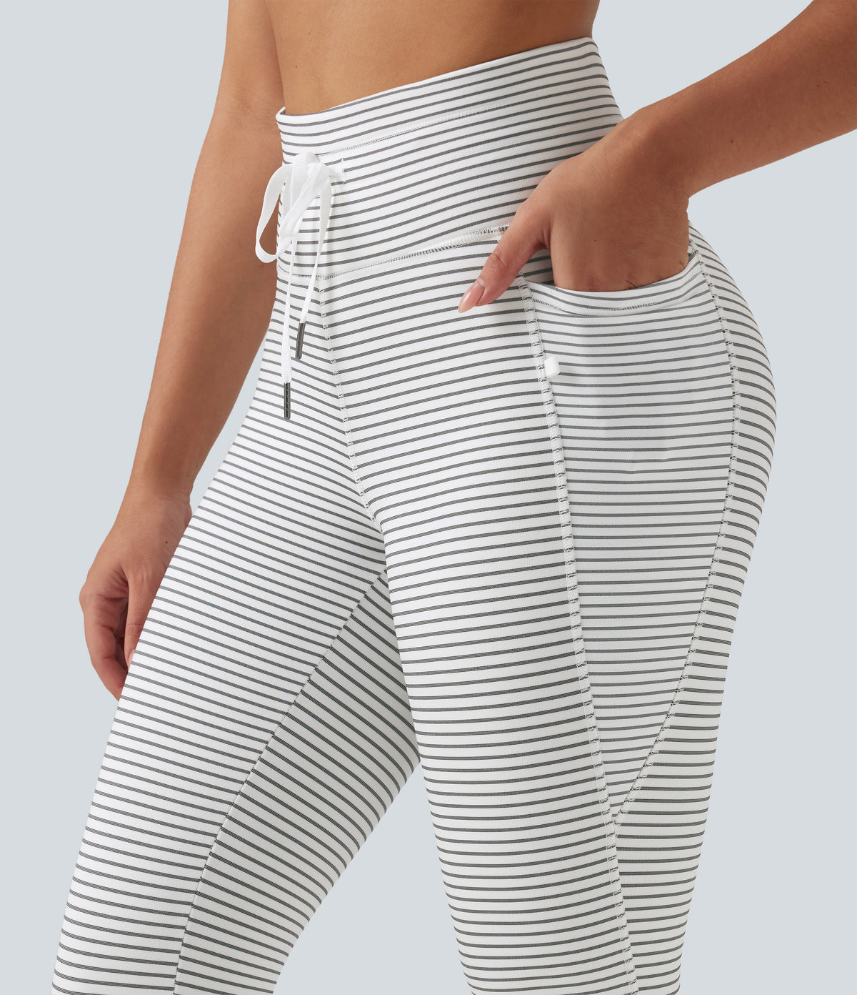 High Waisted Drawstring Stripe Fleece Yoga Leggings with Pockets — Zebra Ripple — view 5
