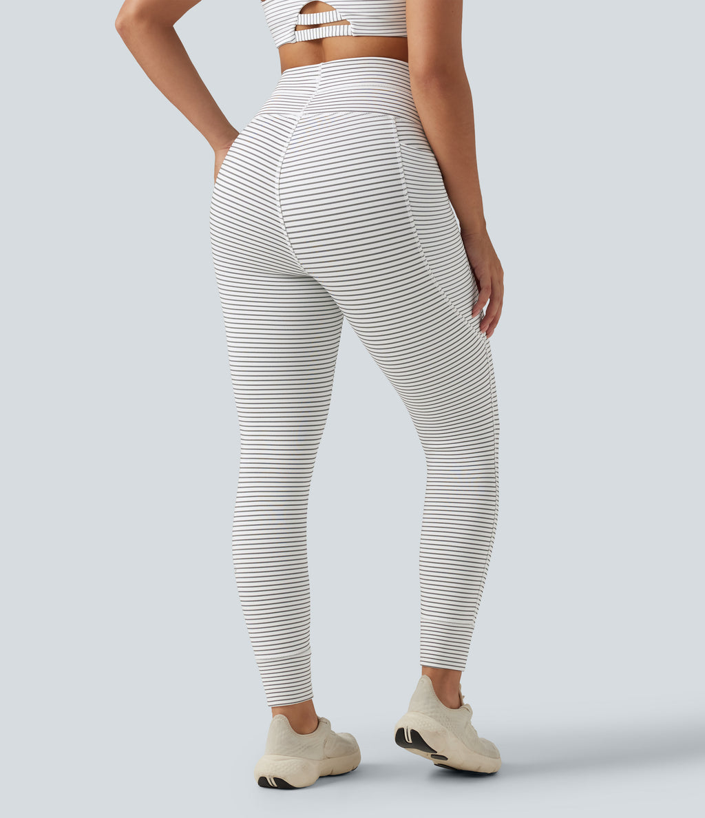 High Waisted Drawstring Stripe Fleece Yoga Leggings with Pockets — Zebra Ripple — view 2