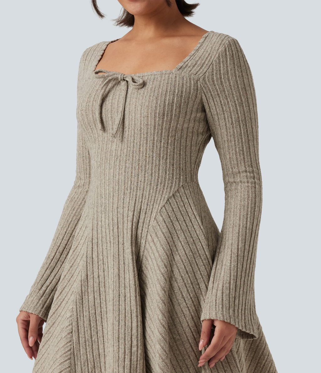 Ribbed Knit Square Neck Flounce Long Sleeve Decorative Knot Casual Flare Mini Dress — Warm Grey Floral Velvet — view 4