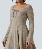 Ribbed Knit Square Neck Flounce Long Sleeve Decorative Knot Casual Flare Mini Dress — Warm Grey Floral Velvet — view 4