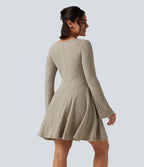Ribbed Knit Square Neck Flounce Long Sleeve Decorative Knot Casual Flare Mini Dress — Warm Grey Floral Velvet — view 2