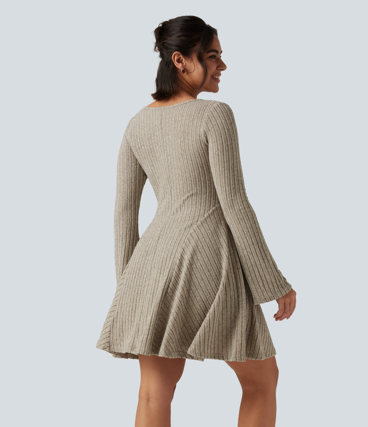 Ribbed Knit Square Neck Flounce Long Sleeve Decorative Knot Casual Flare Mini Dress — Warm Grey Floral Velvet — view 2