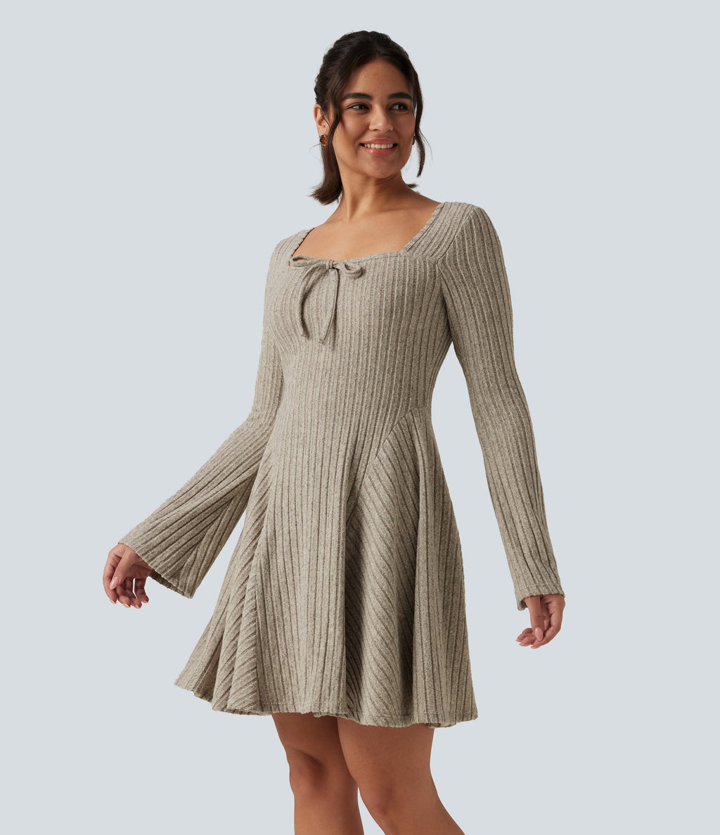 Ribbed Knit Square Neck Flounce Long Sleeve Decorative Knot Casual Flare Mini Dress — Warm Grey Floral Velvet — view 3