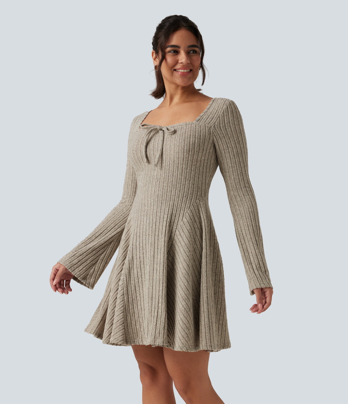 Ribbed Knit Square Neck Flounce Long Sleeve Decorative Knot Casual Flare Mini Dress — Warm Grey Floral Velvet — view 3