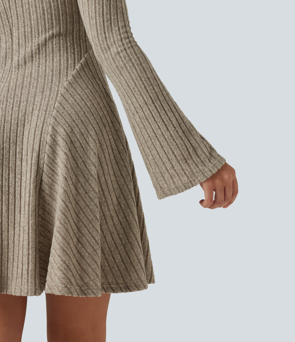 Ribbed Knit Square Neck Flounce Long Sleeve Decorative Knot Casual Flare Mini Dress — Warm Grey Floral Velvet — view 5