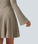 Ribbed Knit Square Neck Flounce Long Sleeve Decorative Knot Casual Flare Mini Dress — Warm Grey Floral Velvet — view 5