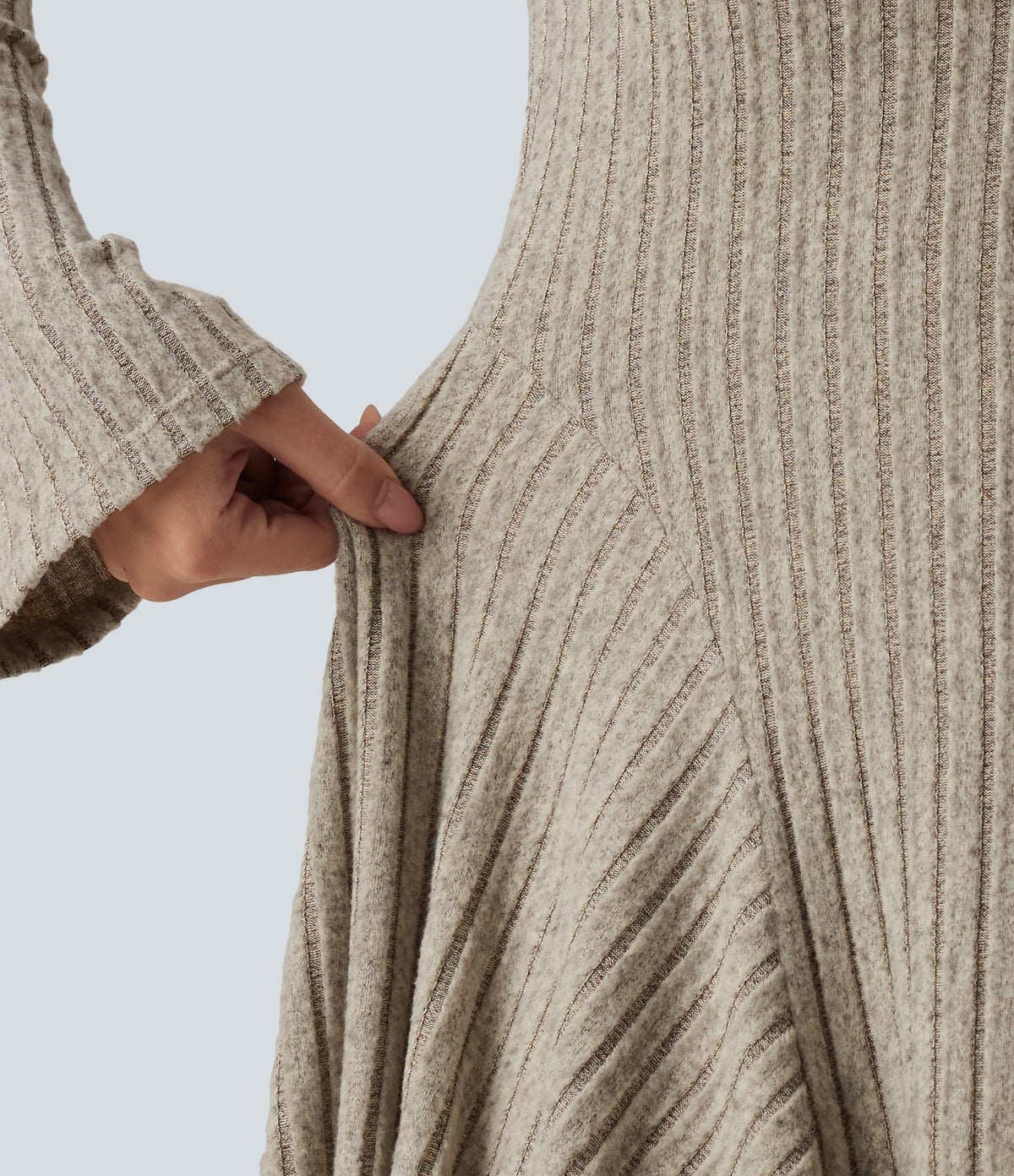 Ribbed Knit Square Neck Flounce Long Sleeve Decorative Knot Casual Flare Mini Dress — Warm Grey Floral Velvet — view 6