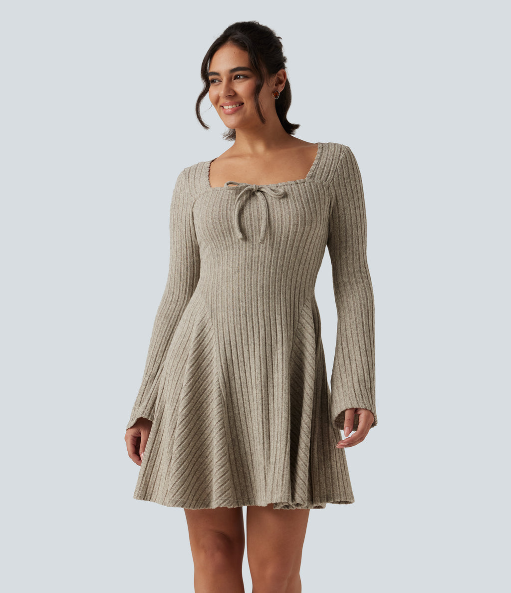 Ribbed Knit Square Neck Flounce Long Sleeve Decorative Knot Casual Flare Mini Dress — Warm Grey Floral Velvet — view 1