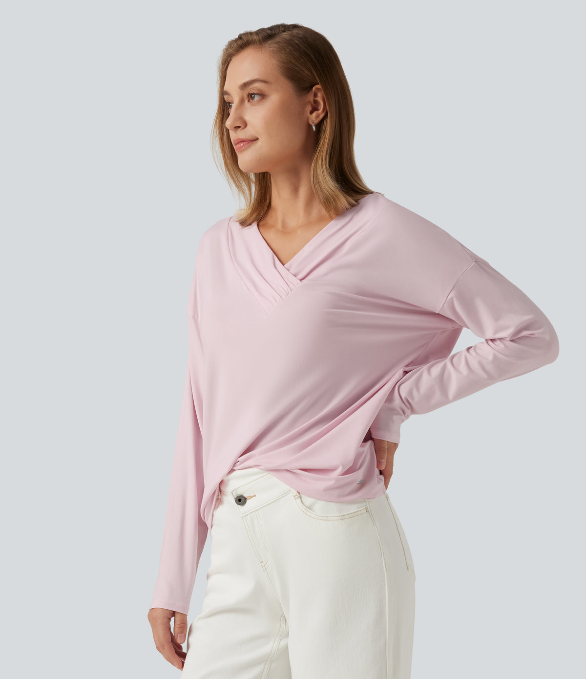V Neck Long Sleeve Ruched Casual Top — Parfait Pink — view 3