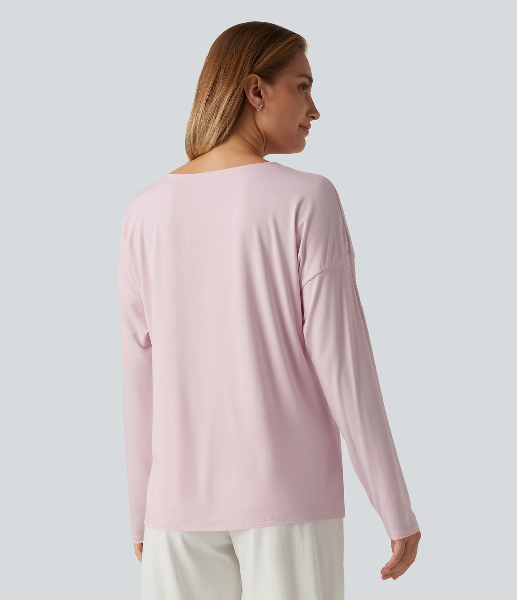 V Neck Long Sleeve Ruched Casual Top — Parfait Pink — view 2
