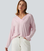 V Neck Long Sleeve Ruched Casual Top — Parfait Pink — view 1