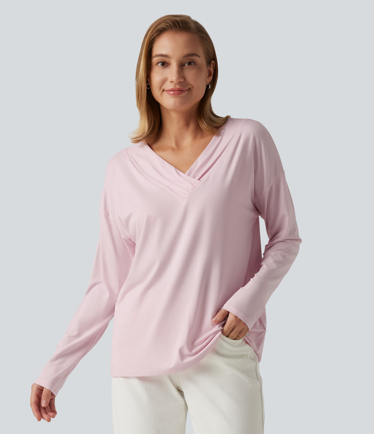 V Neck Long Sleeve Ruched Casual Top — Parfait Pink — view 5