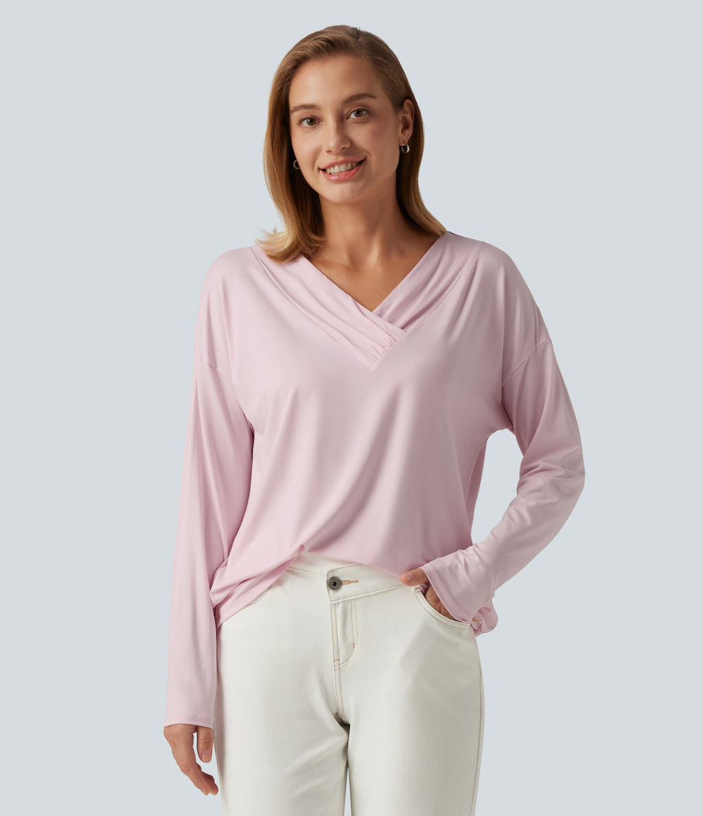 V Neck Long Sleeve Ruched Casual Top — Parfait Pink — view 4