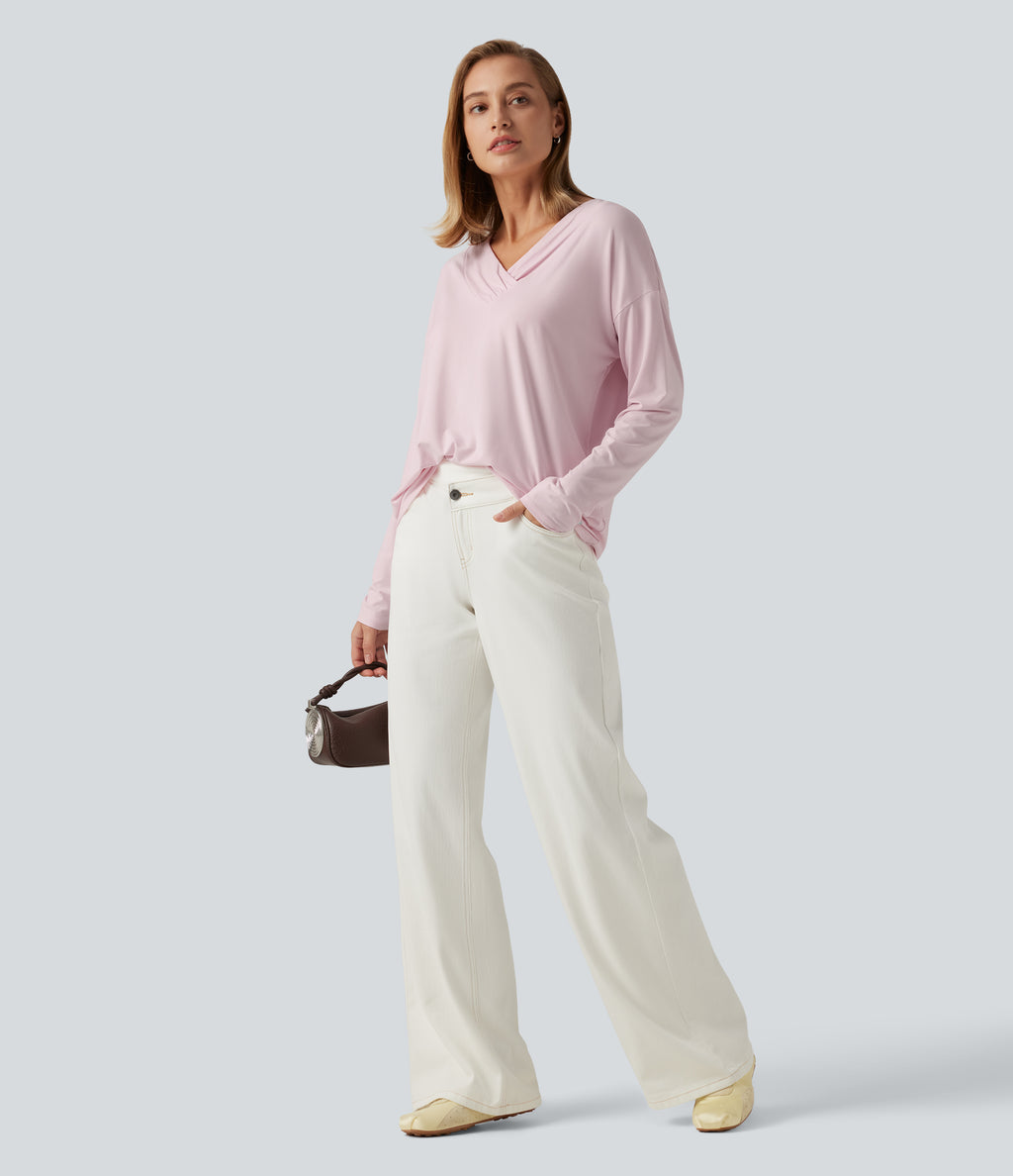 V Neck Long Sleeve Ruched Casual Top — Parfait Pink — view 7