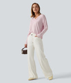 V Neck Long Sleeve Ruched Casual Top — Parfait Pink — view 7