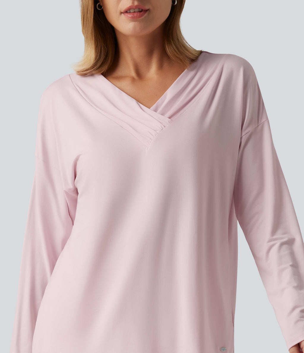 V Neck Long Sleeve Ruched Casual Top — Parfait Pink — view 6