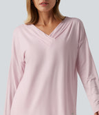 V Neck Long Sleeve Ruched Casual Top — Parfait Pink — view 6