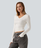 V Neck Long Sleeve Ruched Casual T-Shirt — White — view 3