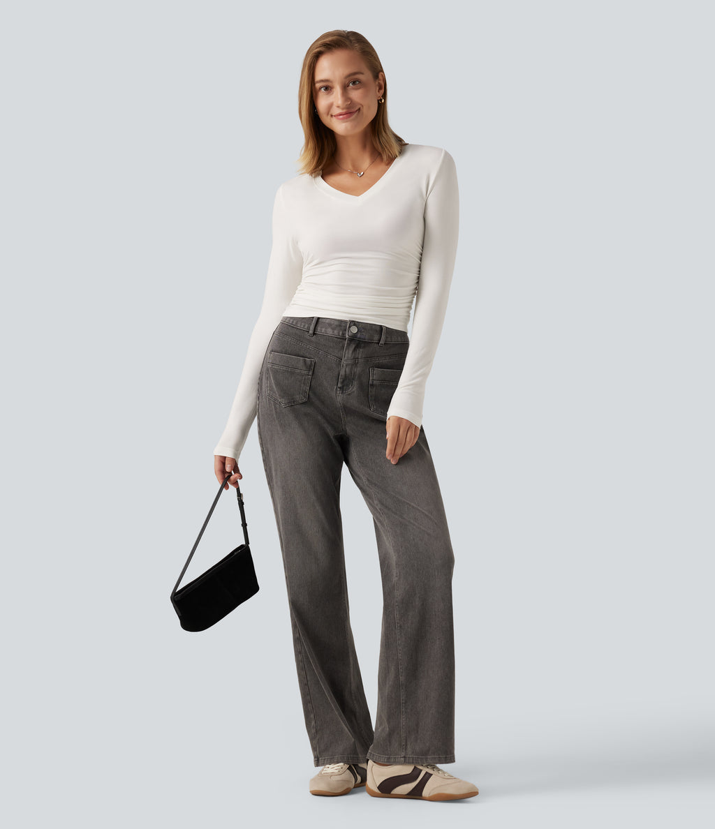V Neck Long Sleeve Ruched Casual T-Shirt — White — view 7