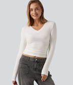 V Neck Long Sleeve Ruched Casual T-Shirt — White — view 1