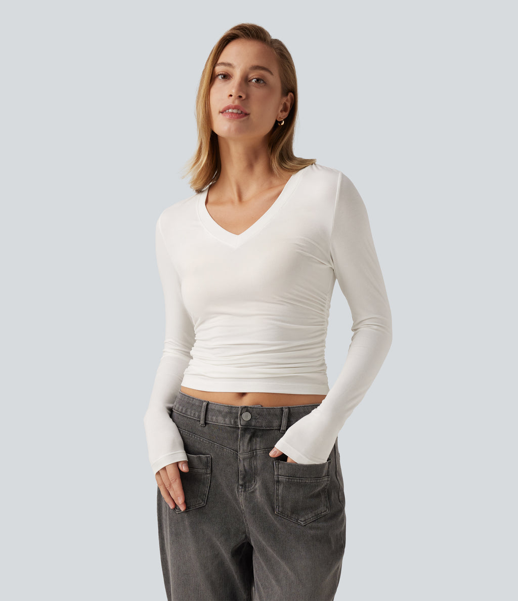 V Neck Long Sleeve Ruched Casual T-Shirt — White — view 4