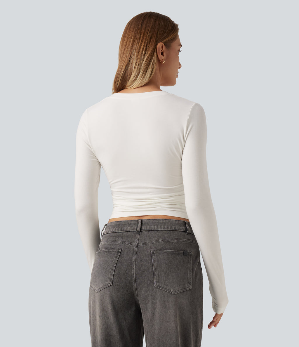 V Neck Long Sleeve Ruched Casual T-Shirt — White — view 2