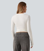 V Neck Long Sleeve Ruched Casual T-Shirt — White — view 2