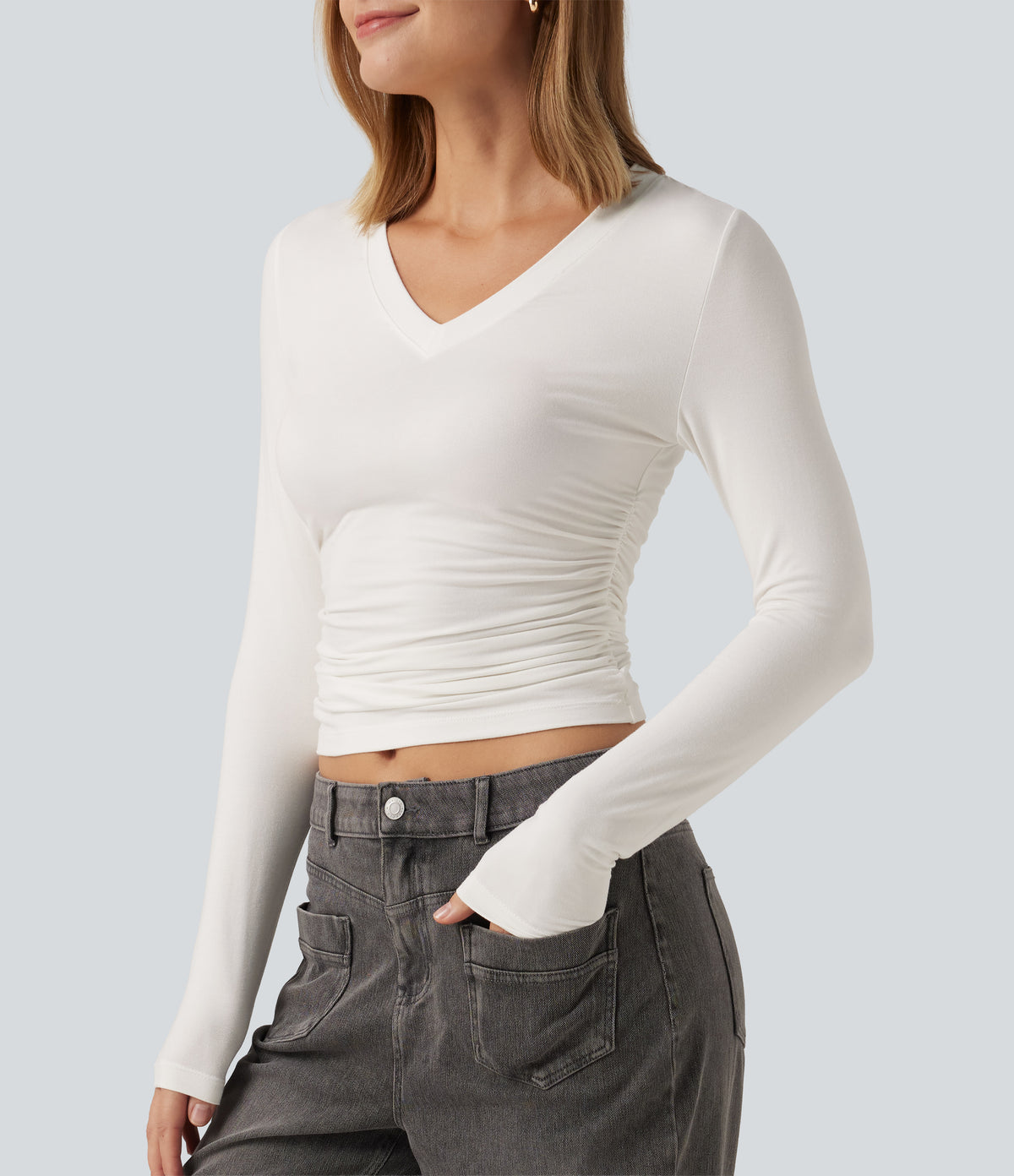 V Neck Long Sleeve Ruched Casual T-Shirt — White — view 5