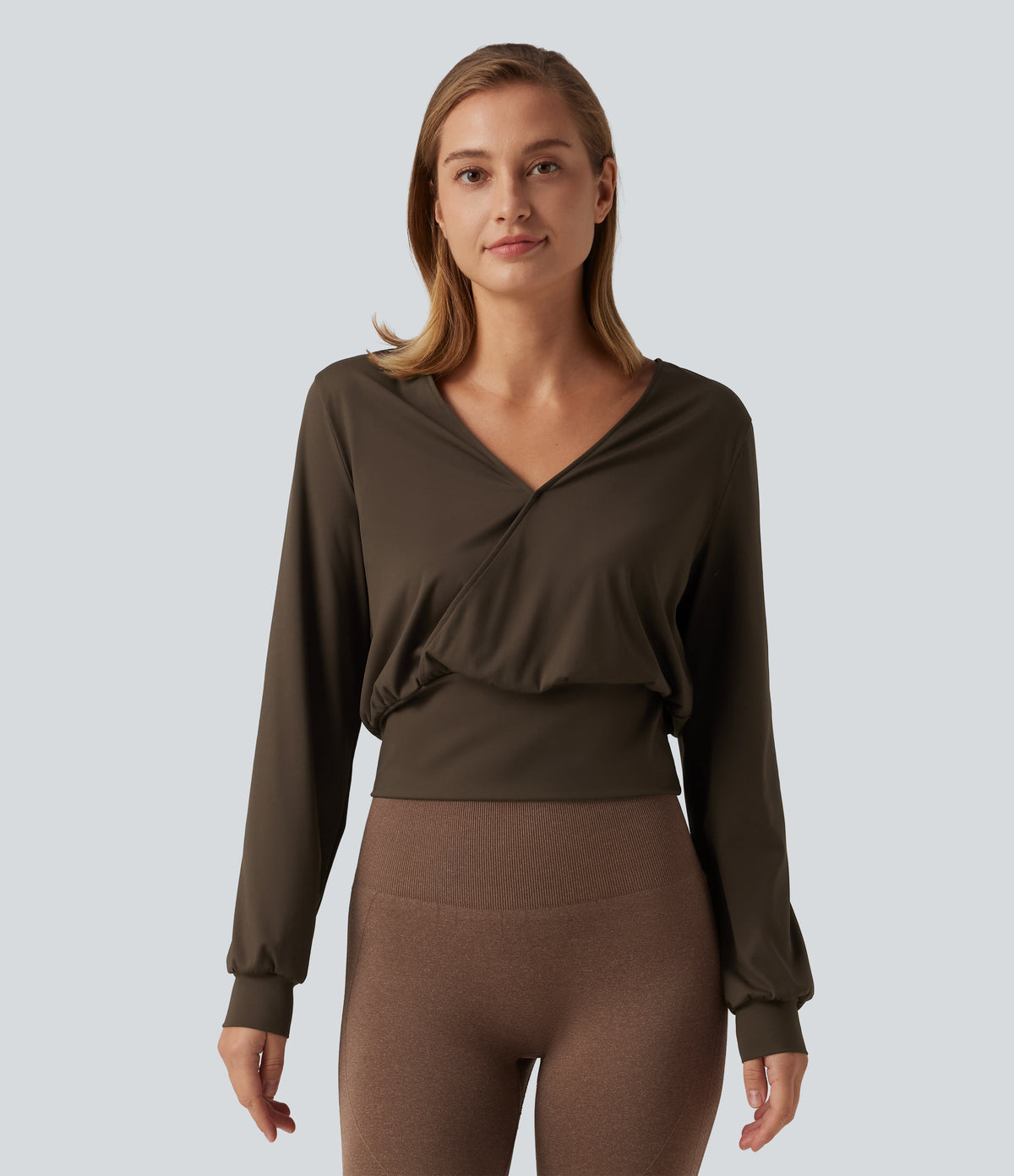 Airy V Neck Long Sleeve InstantCool Yoga Sports Top — Chocolate Martini — view 4