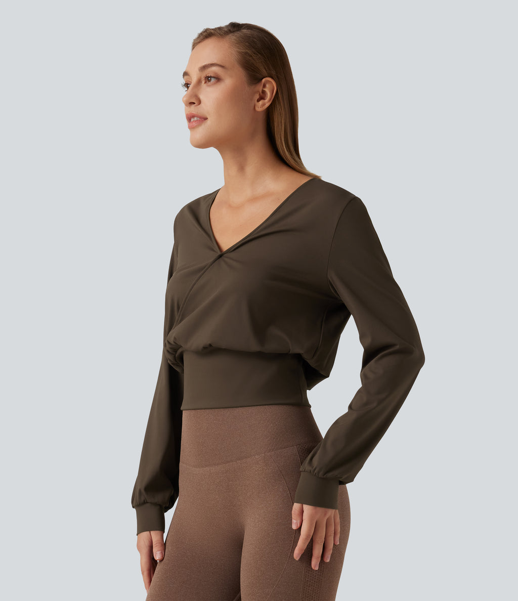 Airy V Neck Long Sleeve InstantCool Yoga Sports Top — Chocolate Martini — view 3
