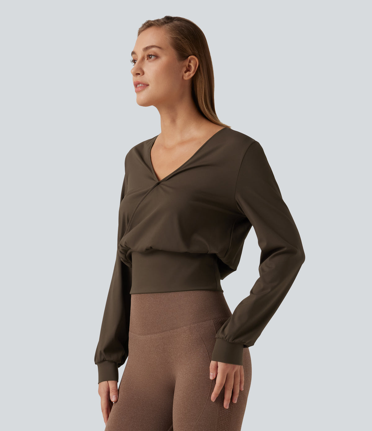 Airy V Neck Long Sleeve InstantCool Yoga Sports Top — Chocolate Martini — view 3
