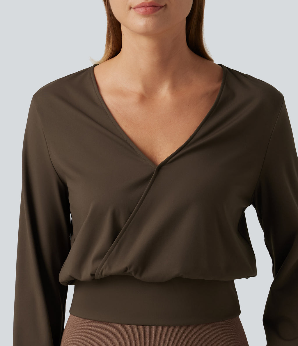 Airy V Neck Long Sleeve InstantCool Yoga Sports Top — Chocolate Martini — view 5