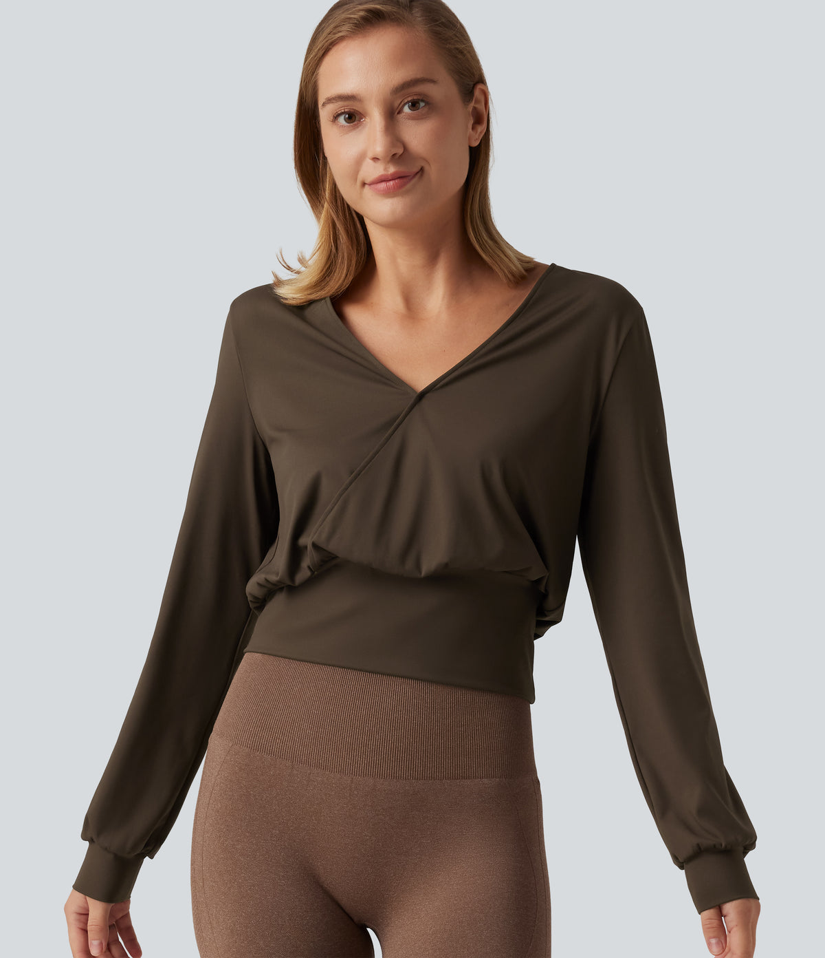 Airy V Neck Long Sleeve InstantCool Yoga Sports Top — Chocolate Martini — view 1