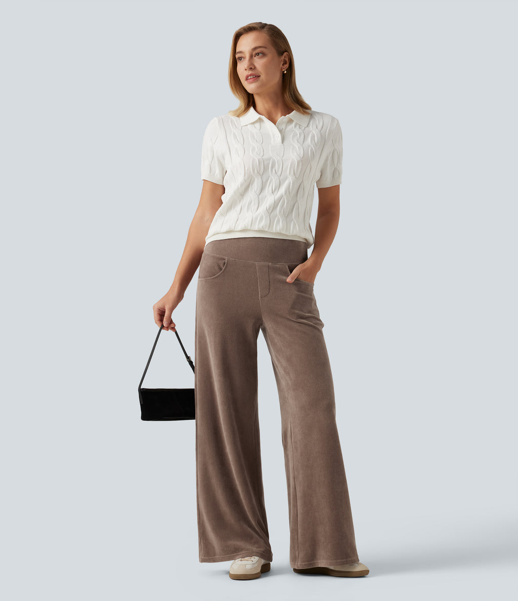 Mid Rise Wide Leg Corduroy Casual Trousers with Pockets — Acorn — view 6