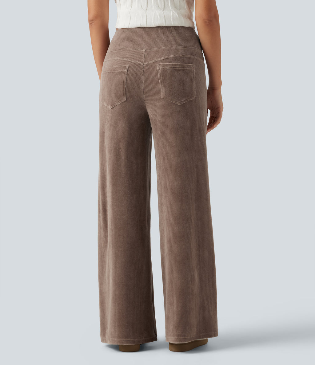 Mid Rise Wide Leg Corduroy Casual Trousers with Pockets — Acorn — view 2