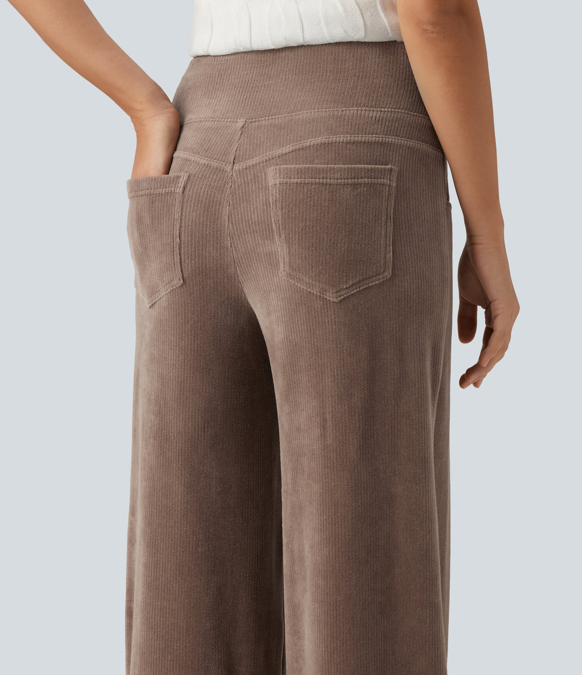 Mid Rise Wide Leg Corduroy Casual Trousers with Pockets — Acorn — view 4