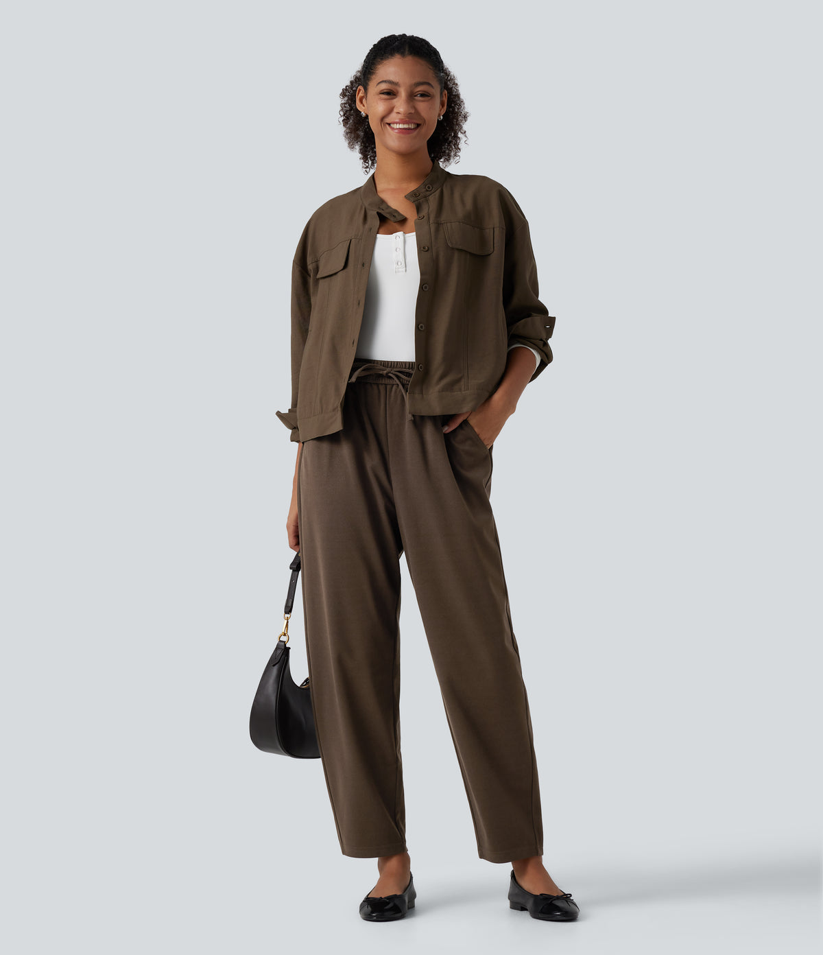 High Waisted Drawstring Tapered Work Trousers with Pockets — Maple Bark — view 6