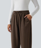 High Waisted Drawstring Tapered Work Trousers with Pockets — Maple Bark — view 5