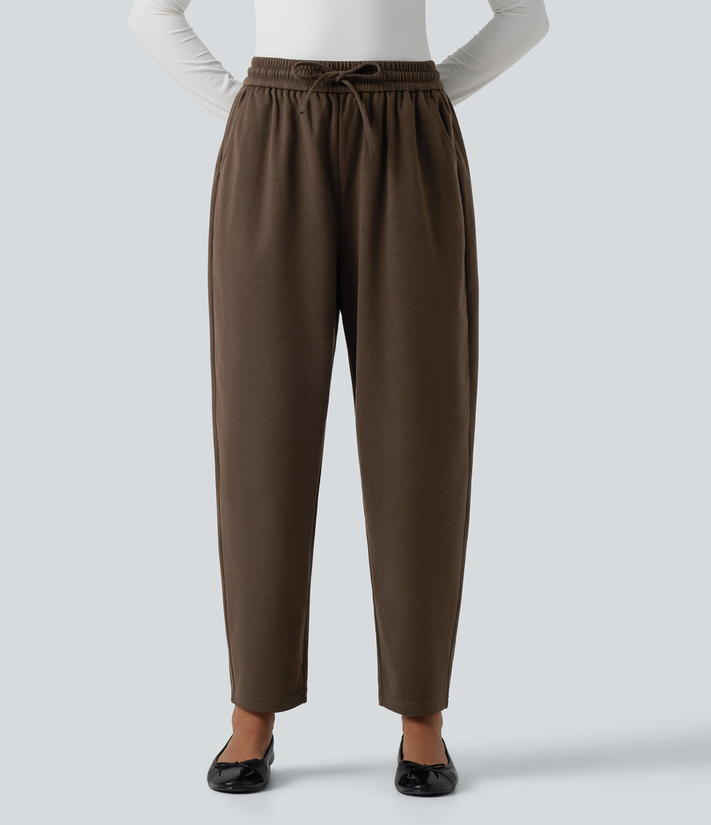 High Waisted Drawstring Tapered Work Trousers with Pockets — Maple Bark — view 1
