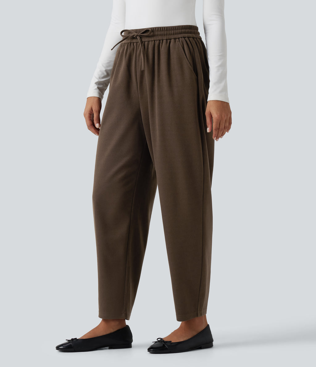 High Waisted Drawstring Tapered Work Trousers with Pockets — Maple Bark — view 3