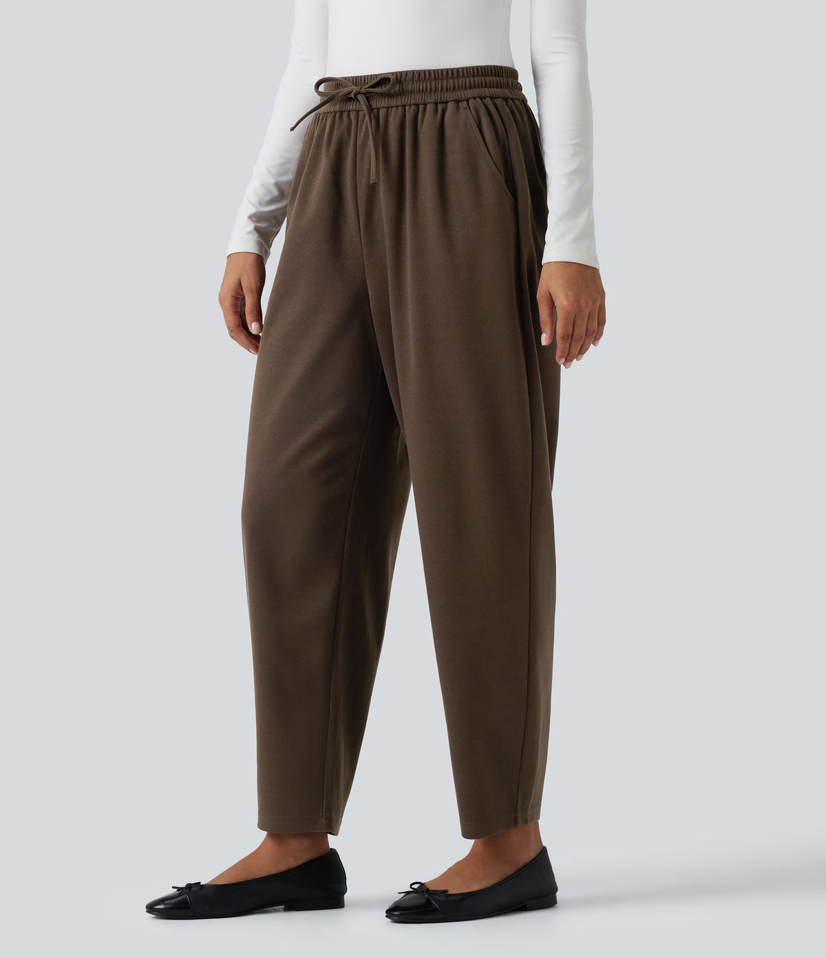 High Waisted Drawstring Tapered Work Trousers with Pockets — Maple Bark — view 3