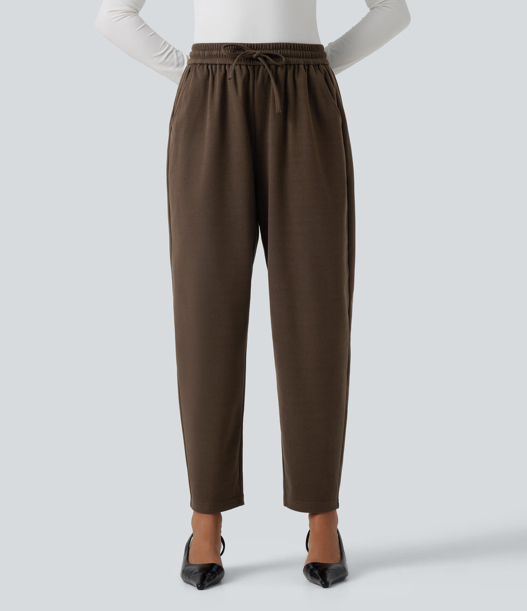 High Waisted Drawstring Tapered Work Trousers with Pockets — Maple Bark — view 4
