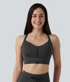 Medium Support Push Up Zipper Adjustable Built-in Bra Buckle Striped Running Sports Bra — Steel Stripe — view 2